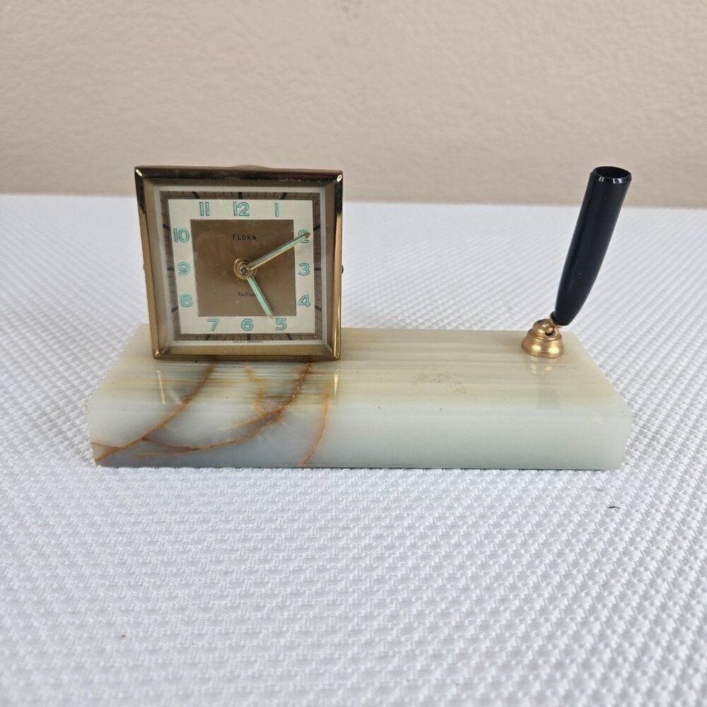 Vintage MCM Florn Clock W Germany Onyx Stand Pen Holder Desk Set Working